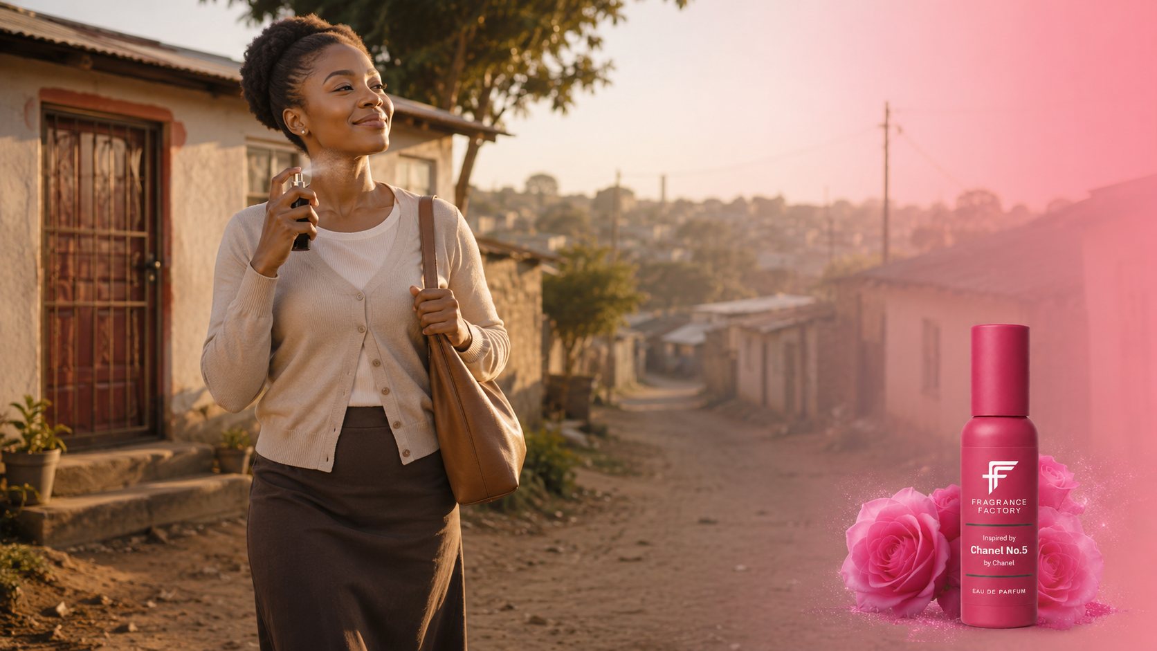Woman wearing Fragrance Factory fragrance on her way out